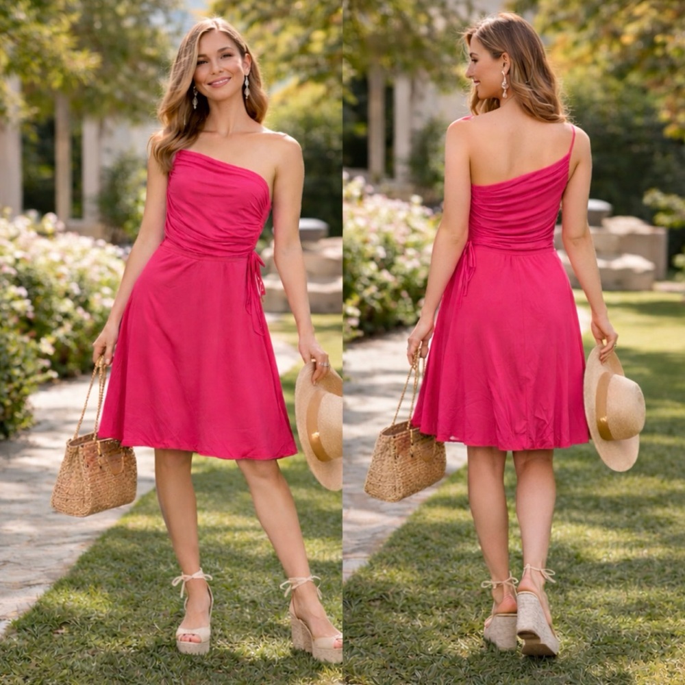 MAX MARA PIANOFORTE PINK ONE SHOULDER DRESS 42 FIT & FLARE CASUAL DATE COCKTAIL